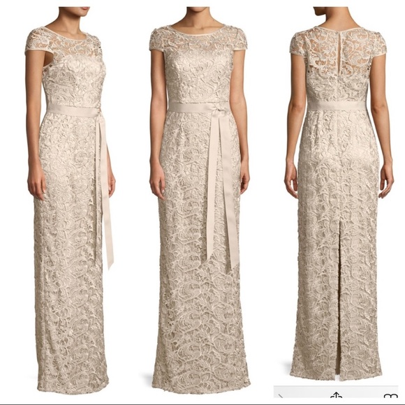 Adrianna Papell Lace with Waist Tie Long Gown - Picture 11 of 16